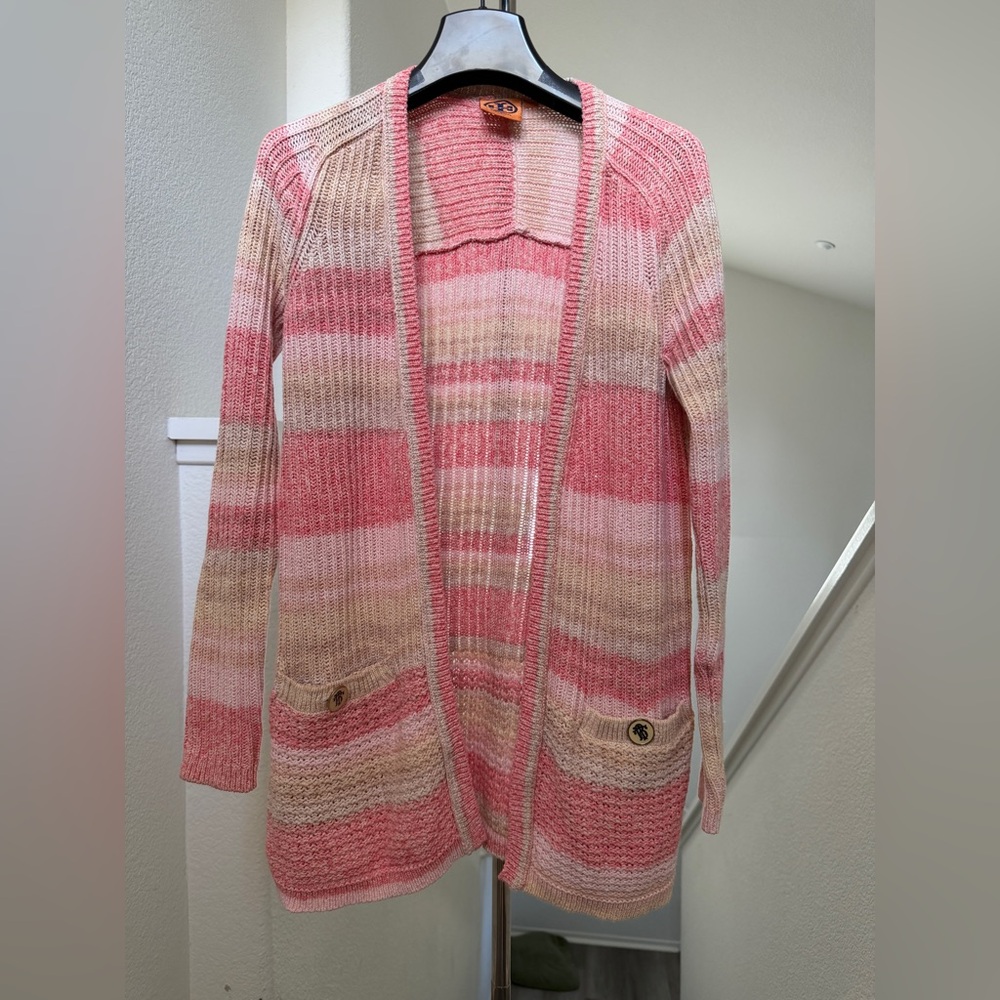Tory Burch Pink & Cream Striped Open-Front Cardigan